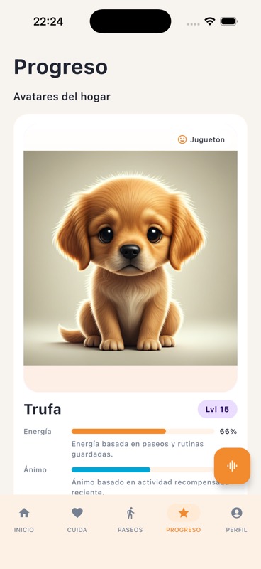 Real PetIA iOS progress screen showing a dog avatar, energy, mood, and bottom navigation.