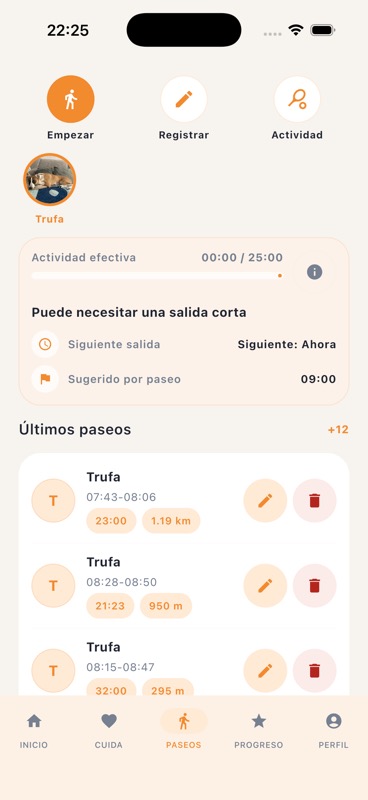 Real PetIA iOS walks screen showing walk recommendations, recent walks, and bottom navigation.